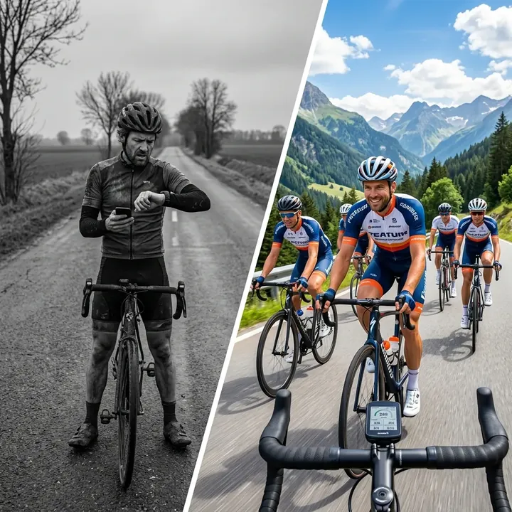 Antes e depois: ciclista sozinho sem direcao vs evoluindo em grupo