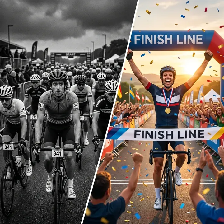 Antes e depois: ciclista nervoso na largada vs cruzando linha de chegada