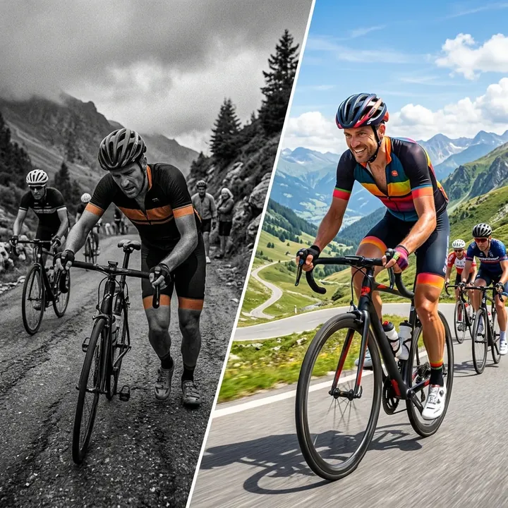 Antes e depois: ciclista sofrendo na subida vs dominando
