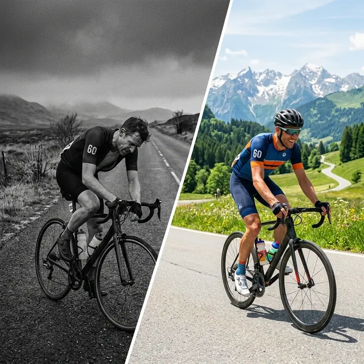 Antes e depois: ciclista quebrando vs pedalando forte