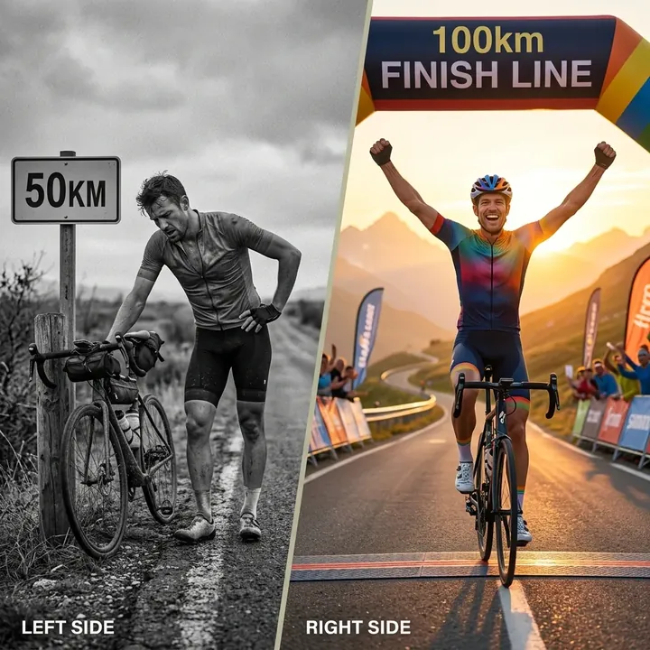 Antes e depois: ciclista quebrando no km 50 vs completando 100km